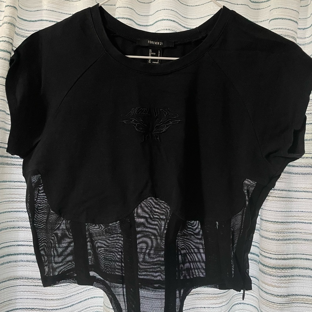Forever 21 Black Crop Top with Mesh Accents